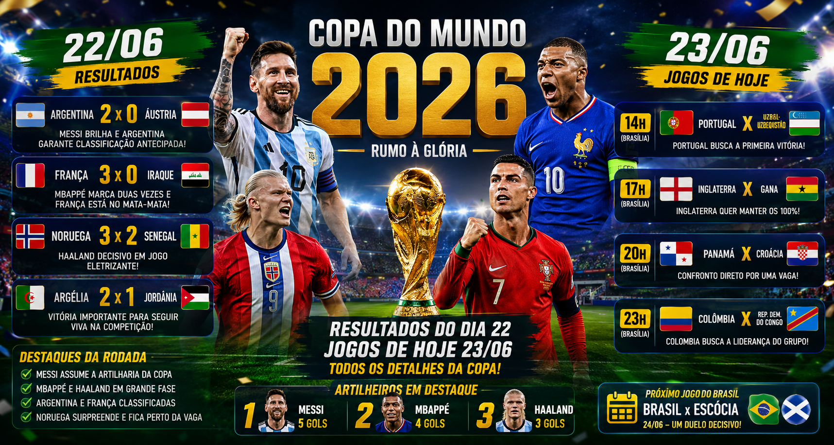Copa do Mundo 2026 – Resumo Completo dos Jogos de 22/06 e Agenda de Hoje (23/06)