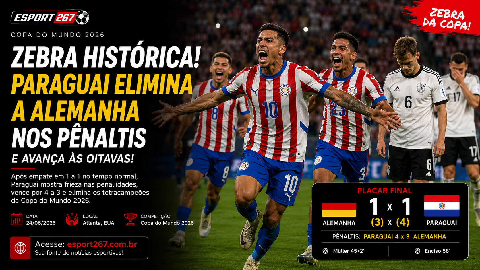Zebra histórica! Paraguai elimina Alemanha e choca a Copa do Mundo 2026